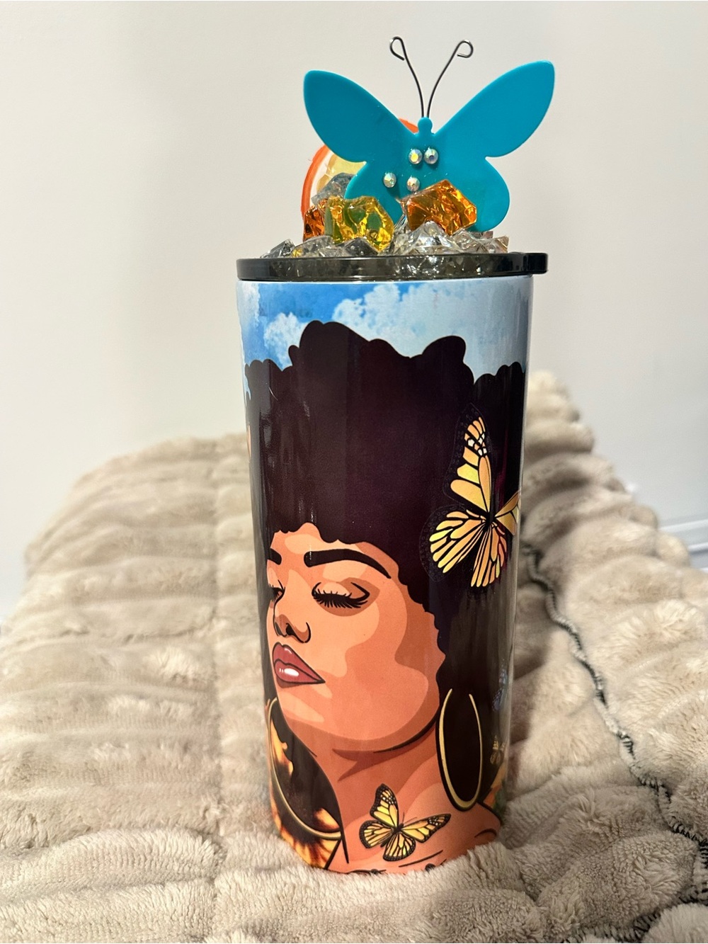 Butterfly Afro Art Stainless Tumbler - Turquoise Accent
